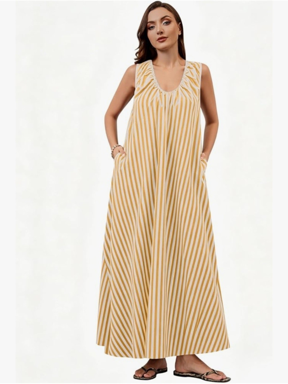 Women Sleeveless Maxi Dress Scoop Neck Ruched Loose Fit Casual Ele